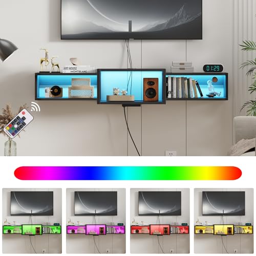 Qupui 47.3-Inch Floating TV Stand with LED RGB Lighting, USB Charging, Black