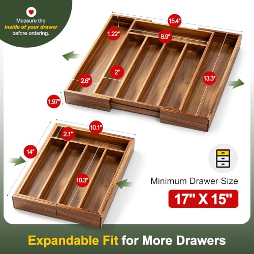 Brown Expandable Bamboo Silverware Drawer Organizer - 7 Slots Kitchen Utensil Tray
