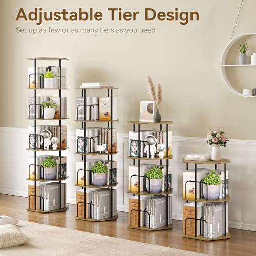Brown 5-Tier Rotating Hexagonal Corner Bookcase - 360° Spinning Storage Tower