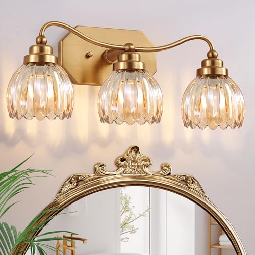 Brushed Gold 3-Light Vintage Vanity Light with Amber Glass Shades - Tulip Amber Variation