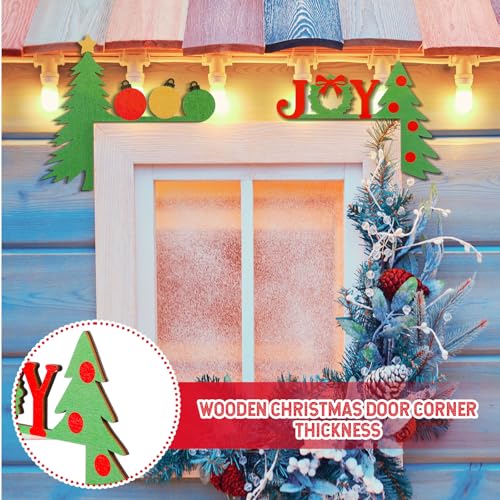 2 Pcs Christmas Door Topper Funny Joy Tree Door Frame Corner Sign Decor Home Wooden Christmas Cabinet Knob Covers Party Ornament Props Gift for Wall Window DIY