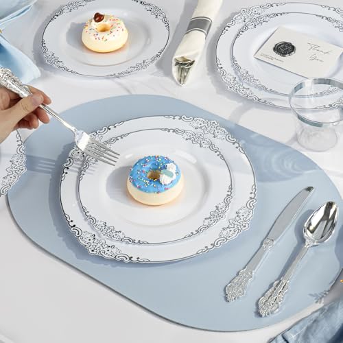 Silver Plastic Dinnerware Set for 50 Guests - Elegant Disposable Plates & Cutlery