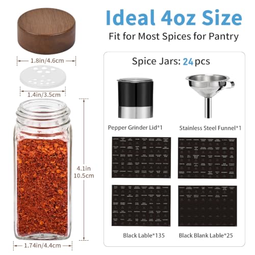 24 Pack Glass Spice Jars with Labels - 4oz Square Seasoning Organizer Set