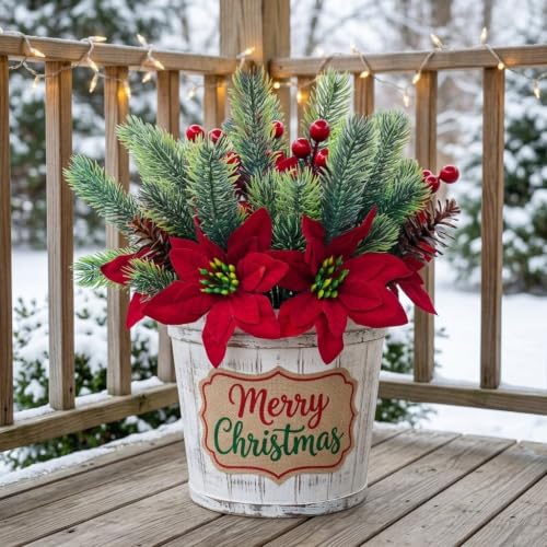 Carfoeny 6Pcs Artificial Poinsettia Christmas Picks with Pine Cones & Red Berries – 13in 4-in-1 Holiday Decor A