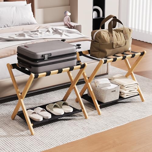 Natural Wood Luggage Rack Set of 2 - 26.77 Inch Suitcase Stands for Guest Room