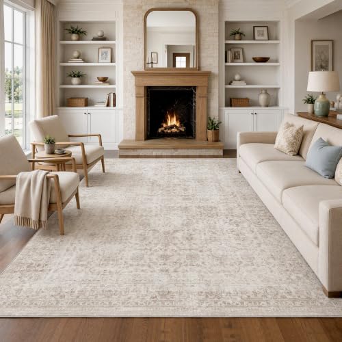FMFUNCTEX 8x10 Beige Vintage Area Rug - Washable, Non-Slip, Pet-Friendly Living Room Carpet