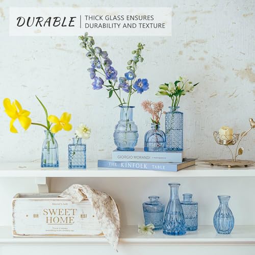 SUPMIND Blue Glass Bud Vases Set of 16 - Small Vintage Flower Centerpieces