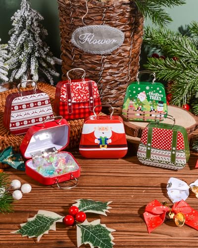 6 Pcs Mini Suitcase Christmas Tin Boxes with Bows – Holiday Gift Favor Boxes