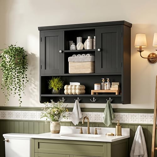 Keehusux Black Striped Wall-Mounted Bathroom Cabinet with Doors & Hooks, 3-Tier, 31.5"W