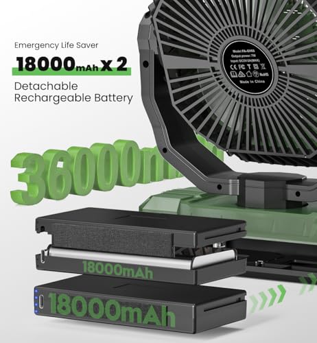 Rechargeable Camping Fan 36000mAh with Detachable Battery & Green Variant