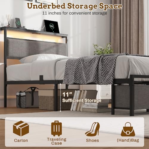 Twin Size Storage Bed Frame with 2 Fabric Drawers and Charging Station