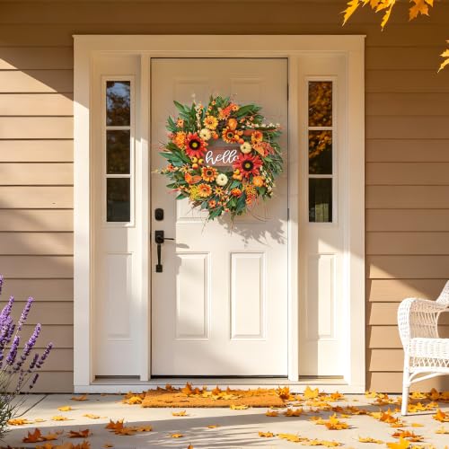 Fall Sunflowers Wreath - 24 Inch Artificial Fall Front Door Decor with Hello Sign