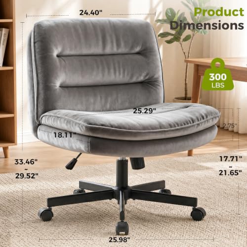 GTPLAYER Cross Legged Office Chair Dark Grey Velvet Oversized Armless Desk Chair with Wheels