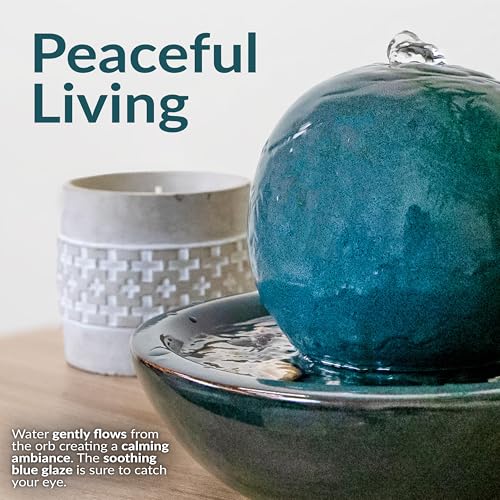 Sunnydaze Teal 7-Inch Ceramic Tabletop Fountain with Orb, Relaxing Water Sounds