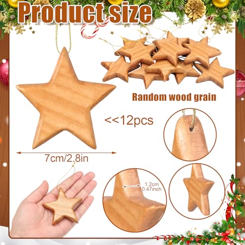 Henoyso 12 Pcs Wooden Star Ornaments - Rustic Christmas Tree Decorations, 2.8 Inches, Wood Grain Variation
