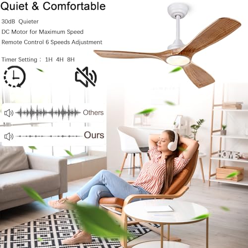 42 Inch Wooden Ceiling Fan with Lights - White & Light Walnut, Remote & App Control