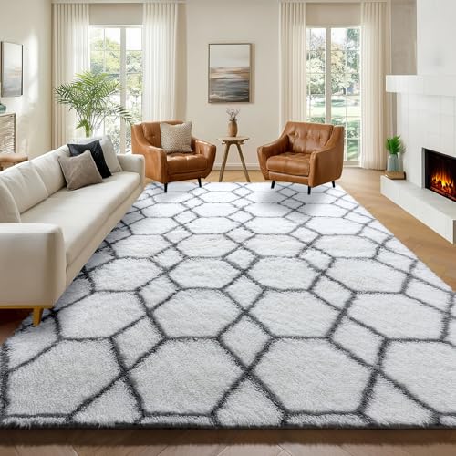 ONASAR 8x10 White & Grey Geometric Fluffy Area Rug - Modern Living Room & Bedroom Decor