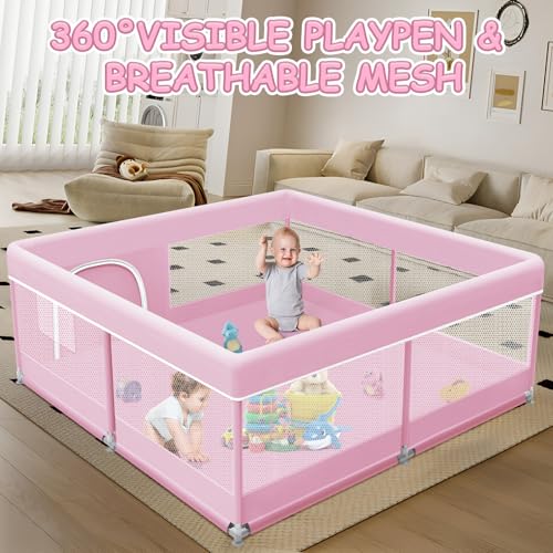 Pink Baby Playpen 50x50 Inch Indoor Outdoor Play Yard with Mesh & Fabric