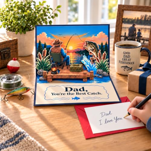 Fishing Dad Pop Up Card - Dad Birthday Christmas Gift from Daughter Son Kids
