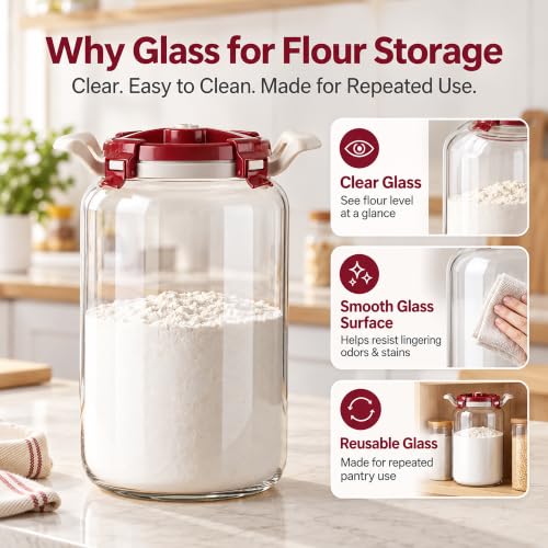 10L Glass Flour Storage Container with Airtight Lid and Wide Mouth - Variation 2.6 Gallons / 1