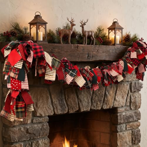 Rustic Farmhouse Christmas Garland with Plaid Flags - Reusable Indoor Holiday Decor