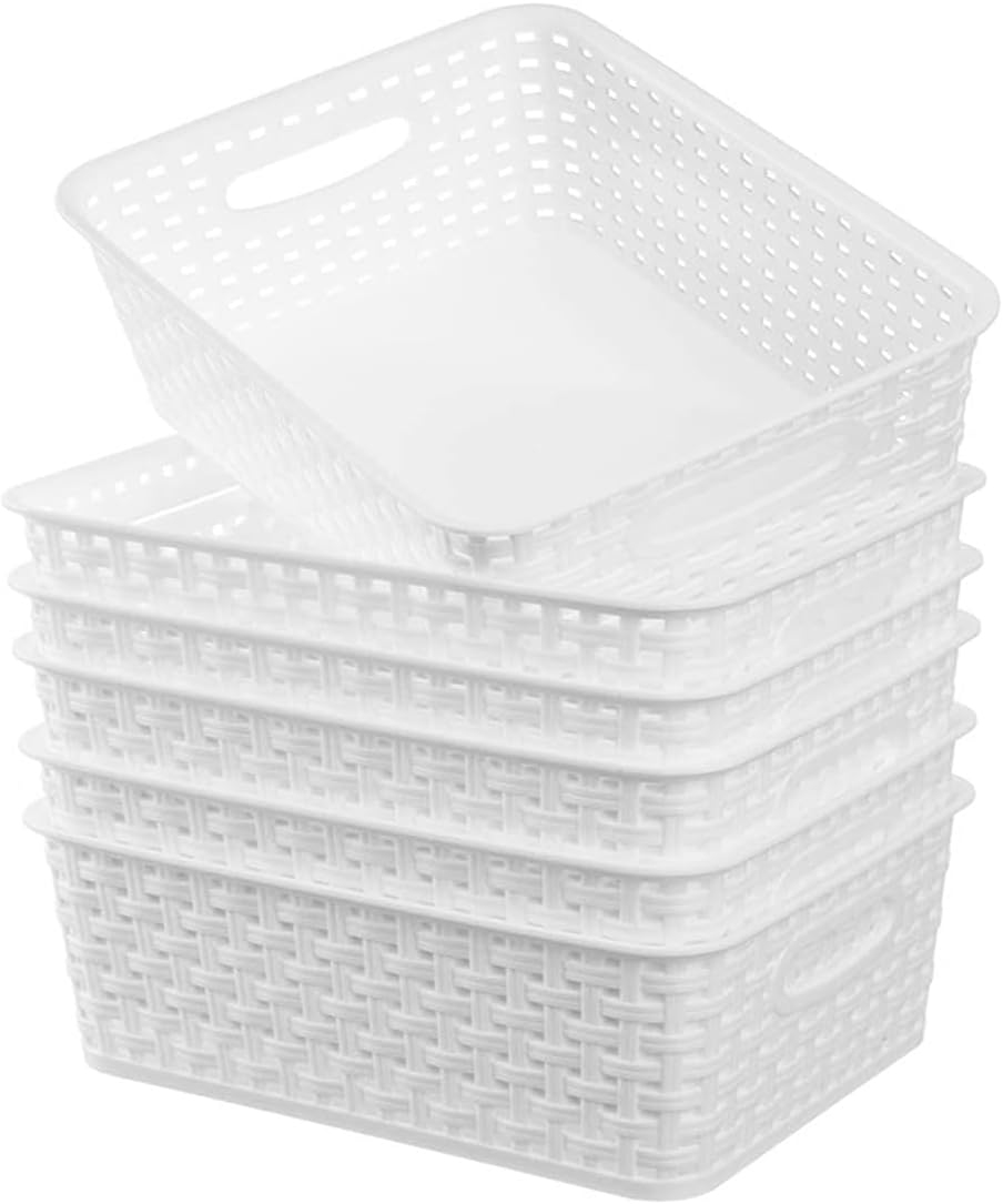 Skiennix White Plastic Woven Storage Baskets - 6-Pack Organizer for Kitchen, Office & Bathroom