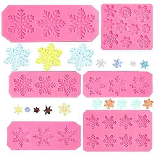 Rainmae 6 Pcs Christmas Snowflake Cake Silicone Fondant Molds, 3D Snowflake Winter Frozen Party Cupcake Topper Decorating Tools, Silicone Chocolate Candy Gum Paste Polymer Clay Epoxy Resin Mould