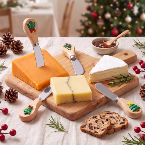 Christmas Cheese Spreader Set 24 Pcs Stainless Steel with Wooden Handles - Green, Red, Yellow