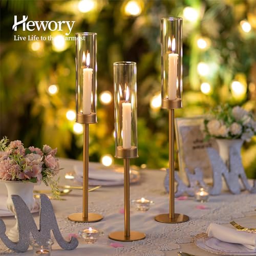 Hewory Gold Candlestick Holders 3-Piece Glass Hurricane with Tall Brass Base - Matte Gold