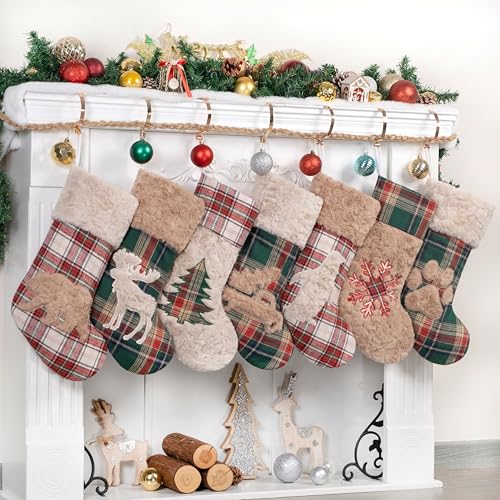 LUBOT 4 Pack Christmas Stockings 20" Red Green Plaid Plush Rustic Farmhouse Decor