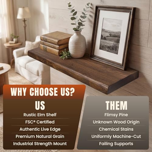 Vintage Weathered 32-Inch Live Edge Floating Shelves Set of 2 - Solid Elm Wall Shelves