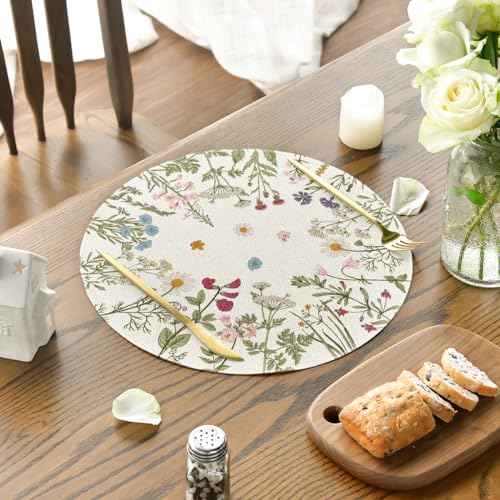 Artoid Mode Antique Herbs Wild Flowers Spring Placemats Set of 4, 14 Inch Summer Round Table Mats for Dining Decoration