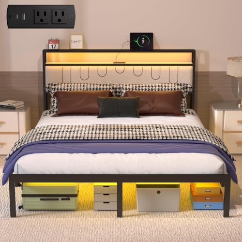 J.Fkne Full Bed Frames with Charging Station and LED Lights, Size