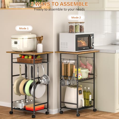 ThreeHio Brown 3-Tier Rolling Kitchen Microwave Cart with Adjustable Shelf