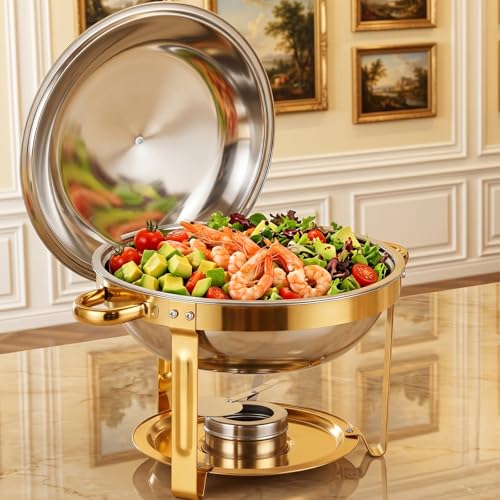 Skaqwuan 6QT Round Stainless Steel Chafing Dish Set Golden - Buffet Food Warmer for Catering & Home Use (1 Pack) - Halfgolden