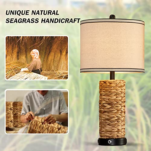 GyroVu Rattan Bedside Table Lamps Set of 2 - Black, Dimmable with USB Ports