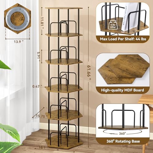 Brown 5-Tier Rotating Hexagonal Corner Bookcase - 360° Spinning Storage Tower