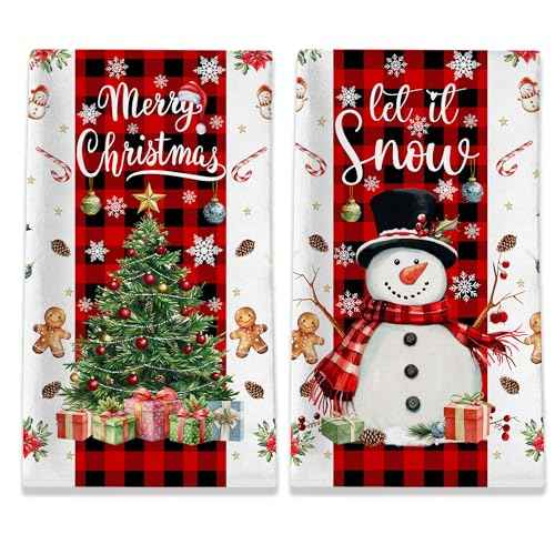 Christmas Kitchen Towels, Merry Christmas Tree Towels Set of 2, Farmhouse Snowman Let It Snow Dish Hand Towels with Red Black Buffalo Plaid, Winter Decorations for Home, 18x26 Inches