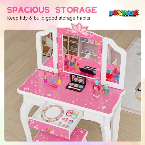 Pink Kids Vanity Set with Wooden Makeup Table & Stool, Tri-Folding Mirror, Large Drawer, Safe Sturdy Frame, Gift for Girls