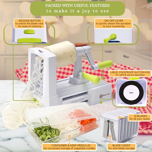 Brieftons 10-Blade Vegetable Spiralizer with Catch Container - White