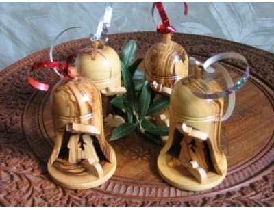 Olive Wood Bell Christmas Ornaments from Bethlehem - Set of 4 Unique Holiday Decor