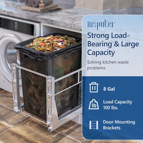 Insputer Silver 8 Gallon Pull-Out Under Cabinet Trash Can with Soft-Close Slides