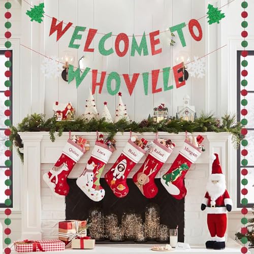 Pre-Strung Welcome To Whoville Banner Christmas Decorations,Cute Banner Sign with 2Pcs Red and Green Hanging Streamers for Christmas Party Decorations Xmas Fireplace Mantle Home Indoor Party Decor