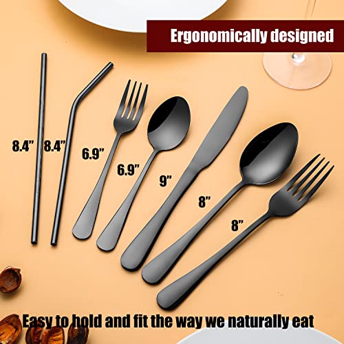 Gutuwellea Black 84-Piece Stainless Steel Flatware Set for 12 with Straws - Dishwasher Safe
