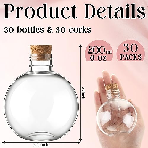Plastic Potion Bottles with Cork - 30 Pcs 6 Oz Ball Shape DIY Craft Decor - Wood/Cork Variation