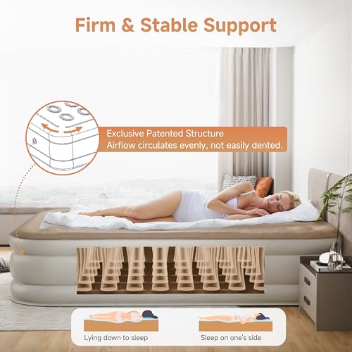 Sebor Twin Air Mattress with Built-In Pump Khaki 18" - Self-Inflating, Durable Guest Bed for Camping & Travel