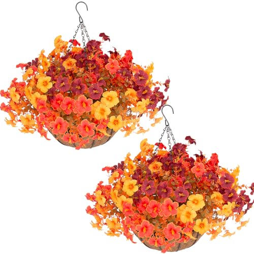Artificial Fall Hanging Basket Set with 24 Petunias - Orange, Outdoor Decor