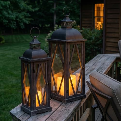 Dark Brown Farmhouse Outdoor Lanterns Set of 2 - Rustic Patio Candle Holders