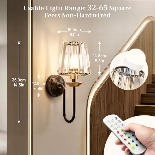 KernLite Black and Gold Wireless Dimmable Wall Sconces Set of 2 with Remote, RGB & CCT Adjustable, Crystal Decor for Bedroom & Living Room
