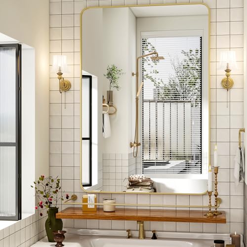Gold Rectangular Bathroom Mirror - 30x48 Inch Wall-Mounted Vanity Mirror - Rounded Corners